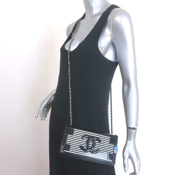 Chanel Boy Brick Striped Flap Bag Black & White Patent Leather Small Crossbody - Picture 2 of 16